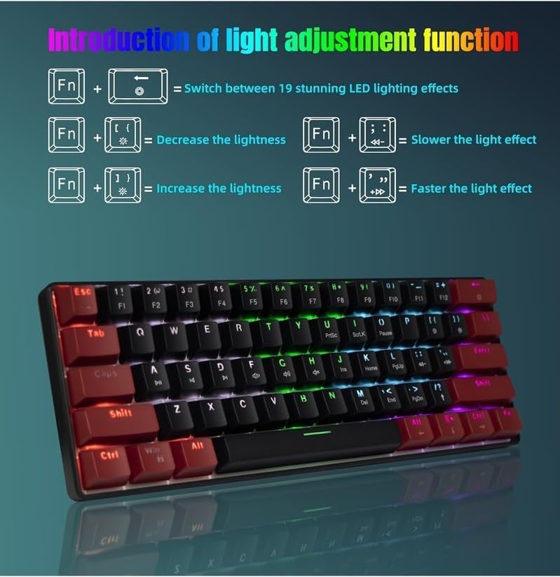 For JEDEL KL69 60% Mechanical Gaming Keyboard (Arabic/English) – Rainbow LED Backlit – 61 Keys Key – Blue Switches –Double injection key caps Illumination - Image 3